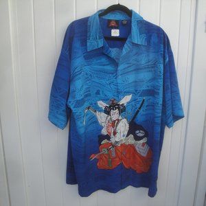 7 of Diamonds Mens Shirt Size XXL Blue Japanese Samurai Koi Wave Short Sleeve